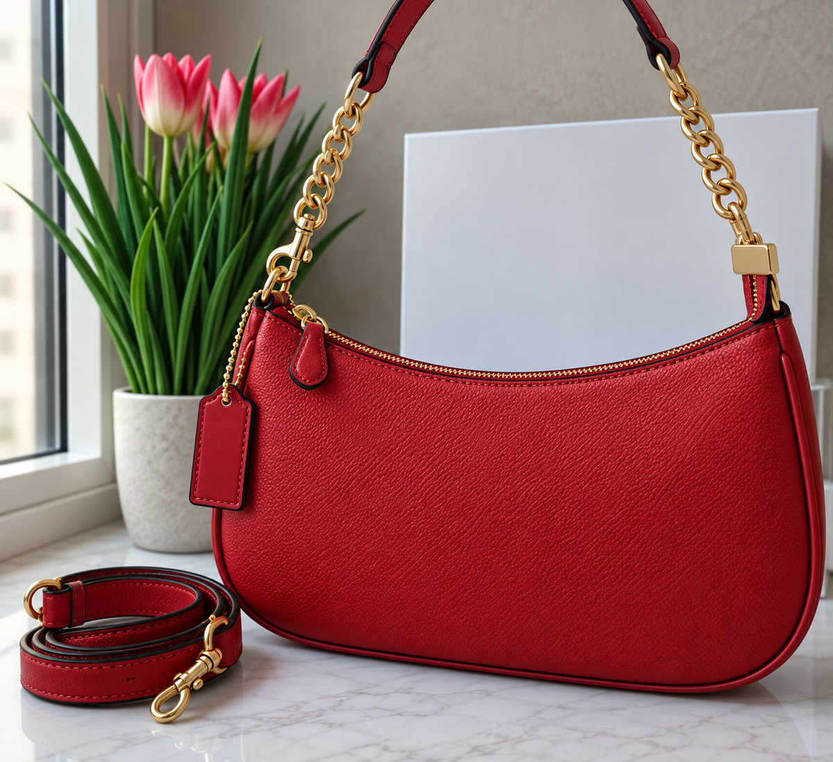 Scarlet Red Chain Shoulder Bag with Strap