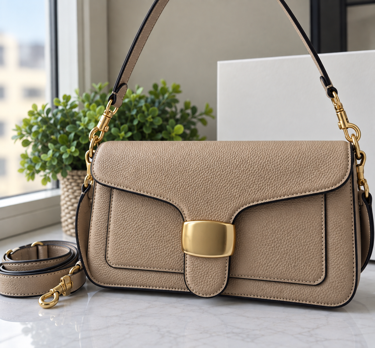 Taupe Structured Flap Shoulder Bag with Buckle