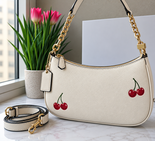 Ivory Cherry Print Chain Shoulder Bag