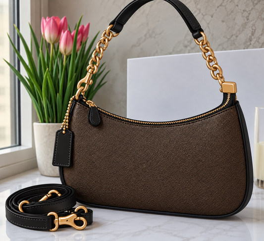 Dark Mocha Chain Shoulder Bag with Strap