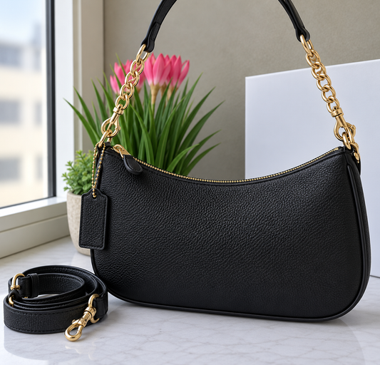 Textured Black Chain Zip Shoulder Bag