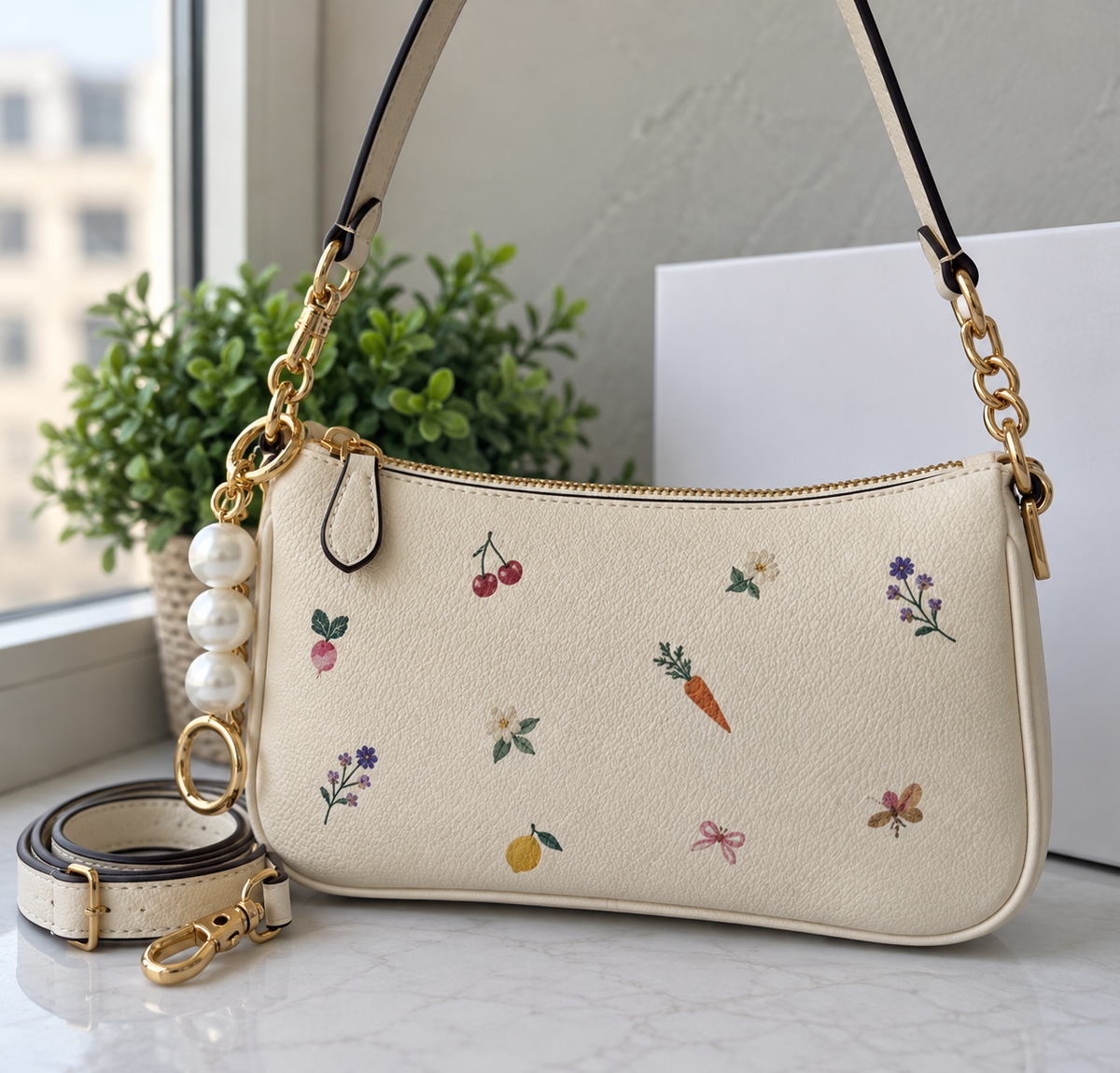 Ivory Garden Print Chain Shoulder Bag