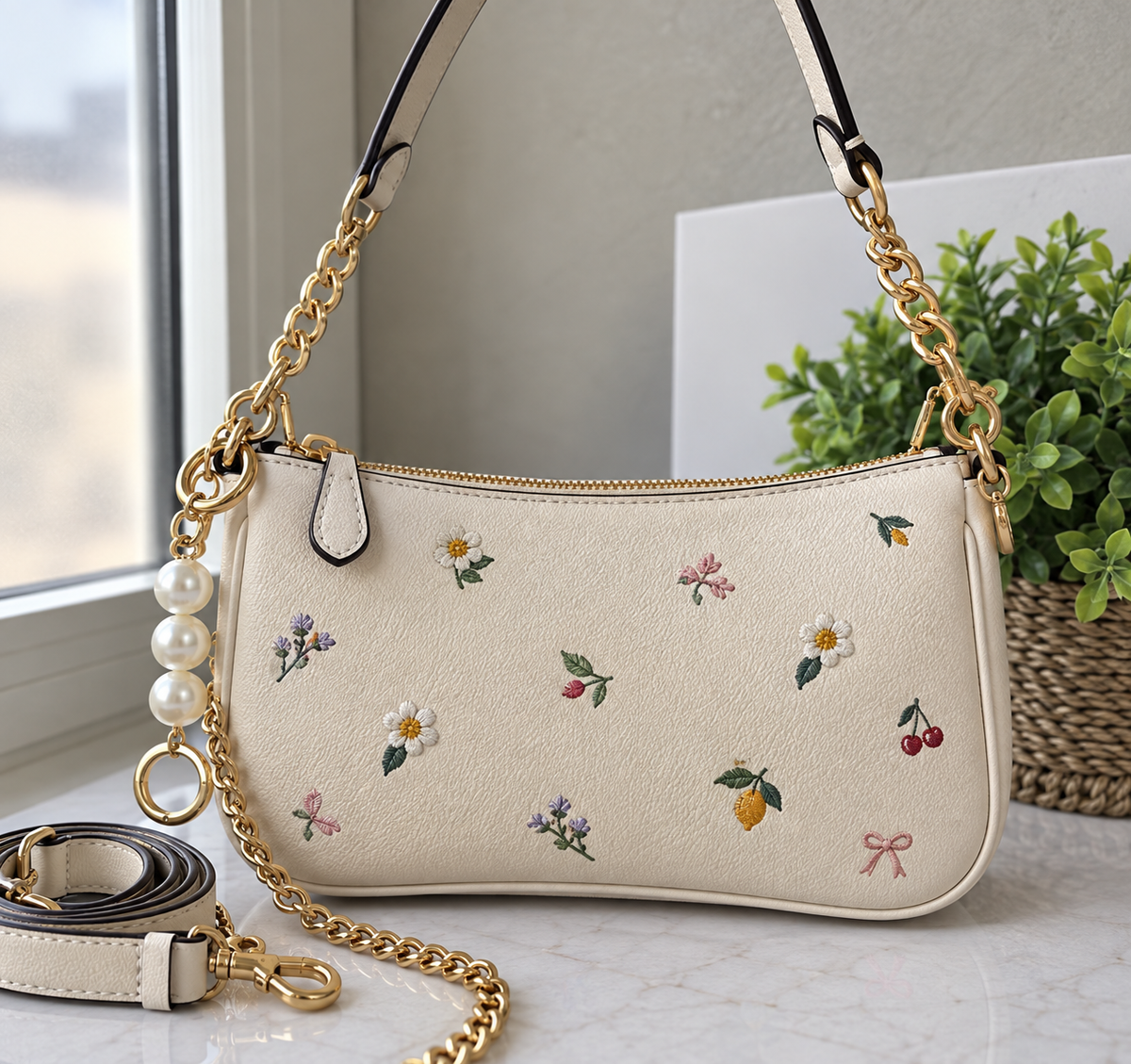 Ivory Floral Charm Chain Shoulder Bag
