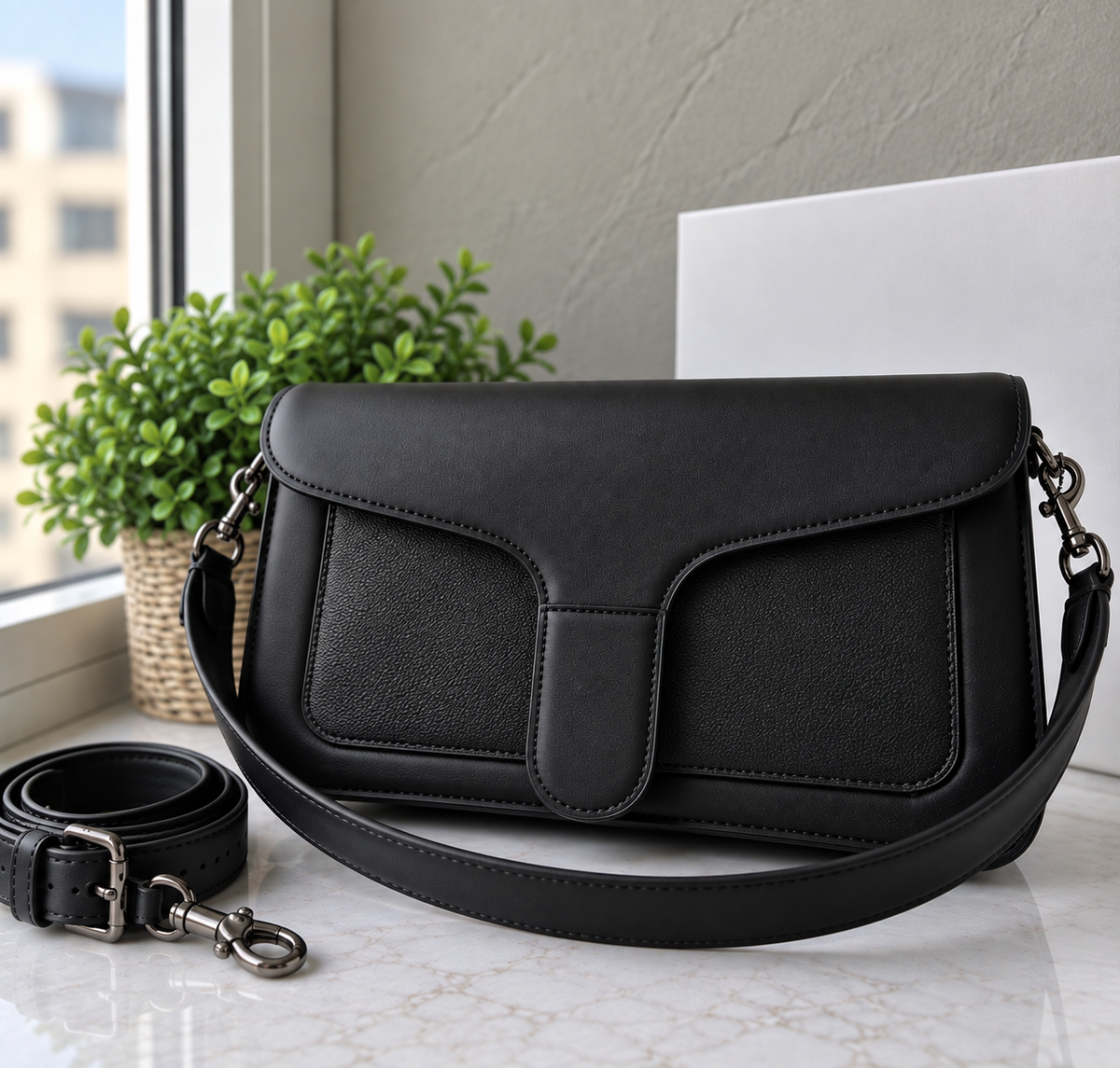 Black Structured Flap Shoulder Bag with Strap