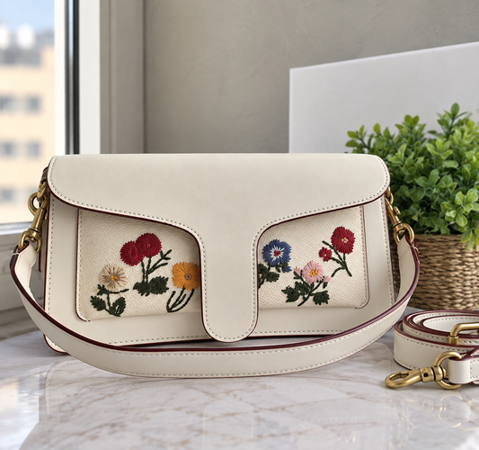 Ivory Floral Embroidered Shoulder Bag with Strap