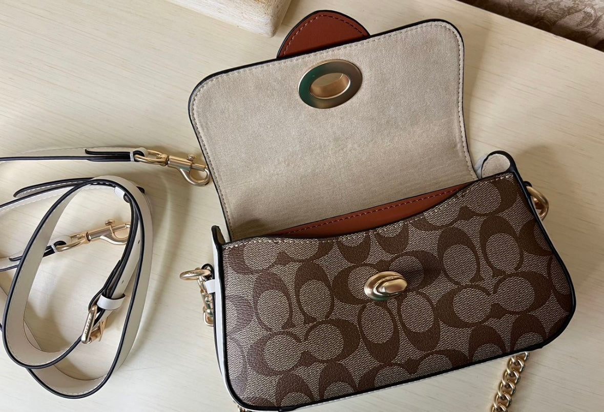 Heritage Mini Chain Shoulder Bag in Ivory  Chestnut with Sculpted Buckle Detail
