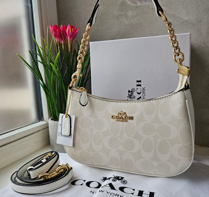 Teri Shoulder Bag — Signature Leather with Ivory Accents and Gold Hardware