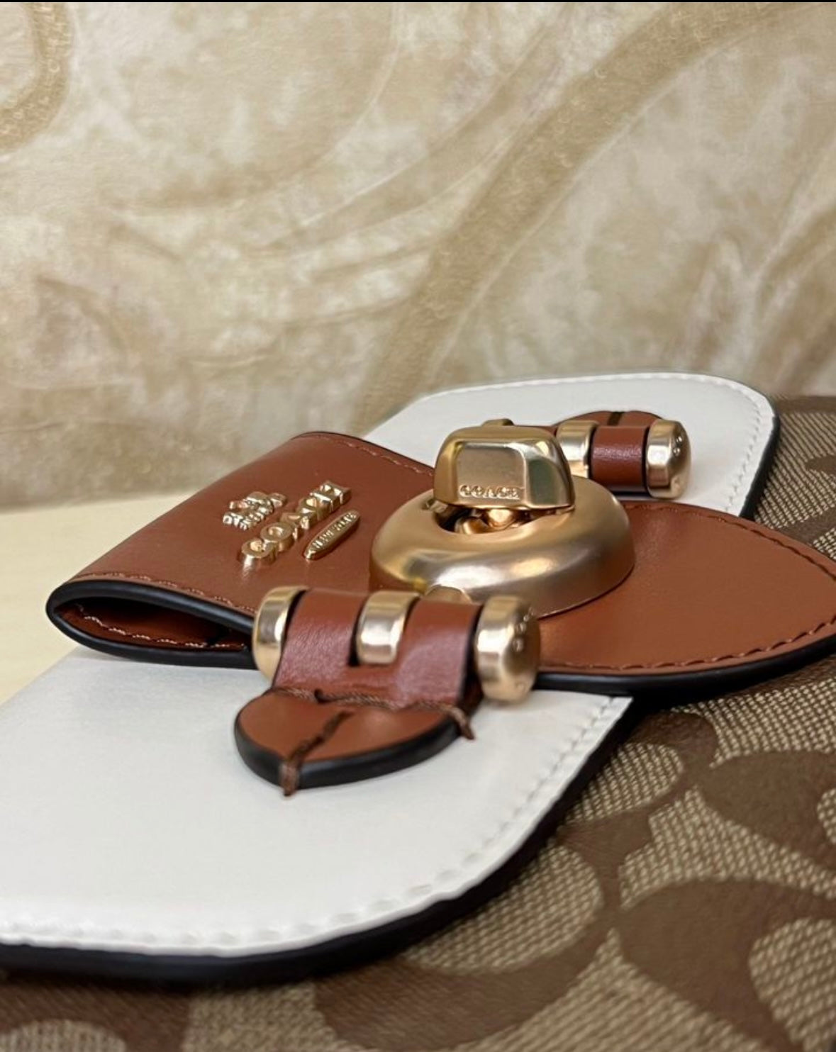 Heritage Mini Chain Shoulder Bag in Ivory  Chestnut with Sculpted Buckle Detail