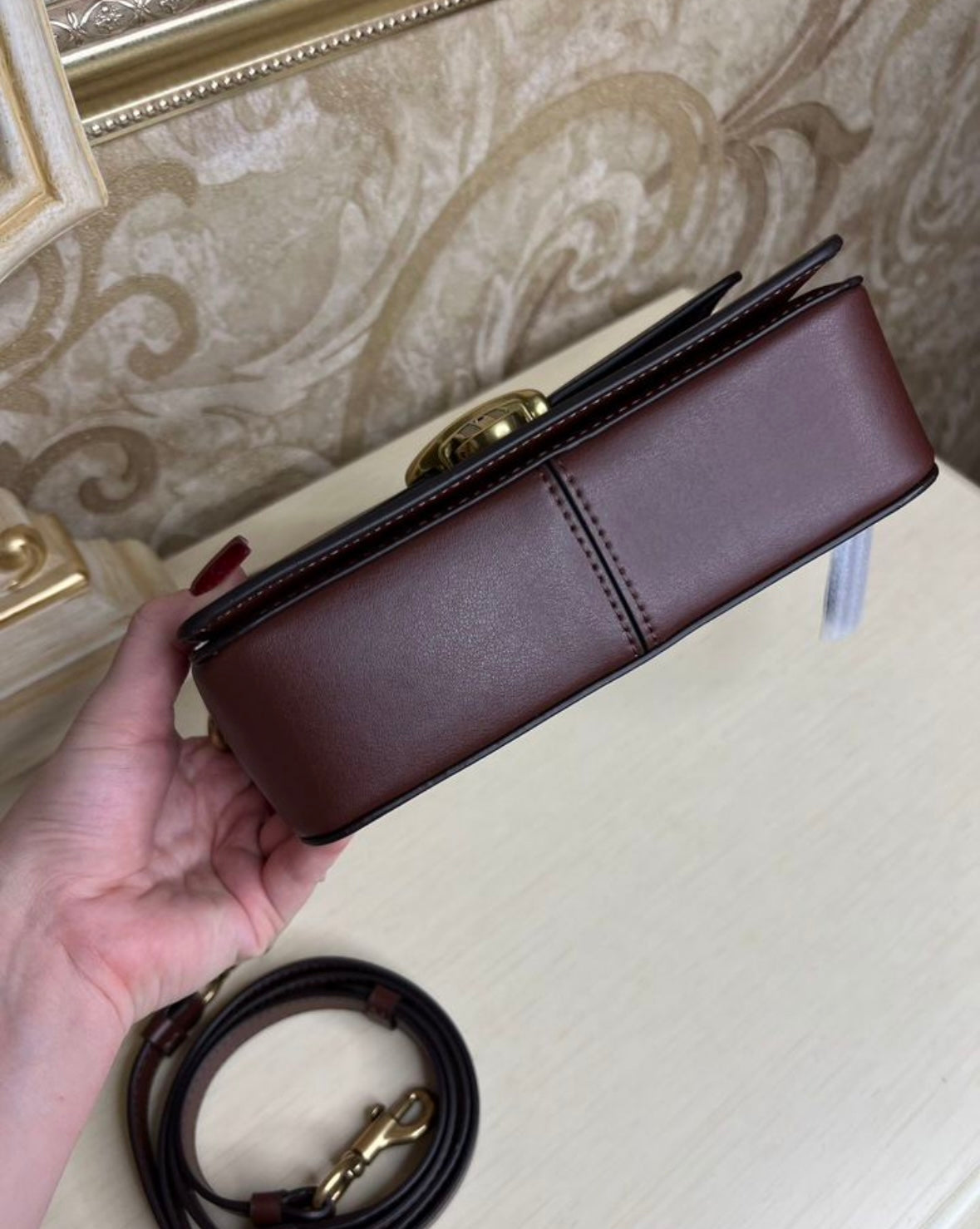 Heritage Compact Shoulder Bag in Classic Chestnut with Sculpted Gold Emblem