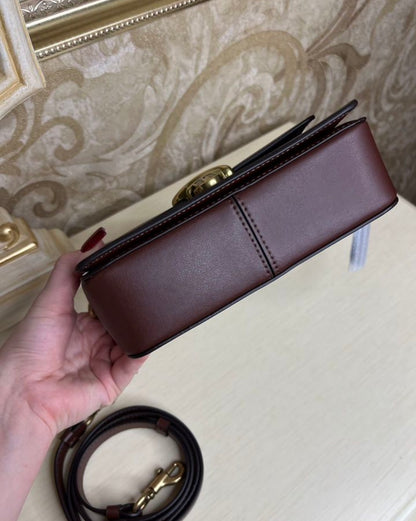 Heritage Compact Shoulder Bag in Classic Chestnut with Sculpted Gold Emblem