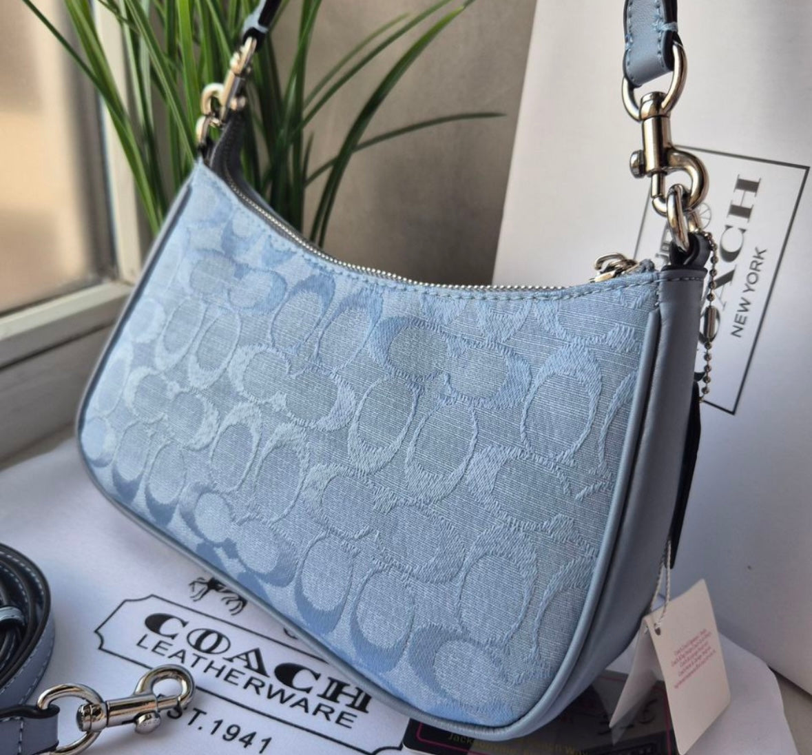 Teri Shoulder Bag — Soft Blue Leather with Gold Accents