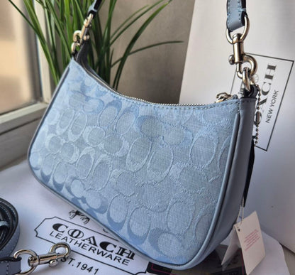 Teri Shoulder Bag — Soft Blue Leather with Gold Accents