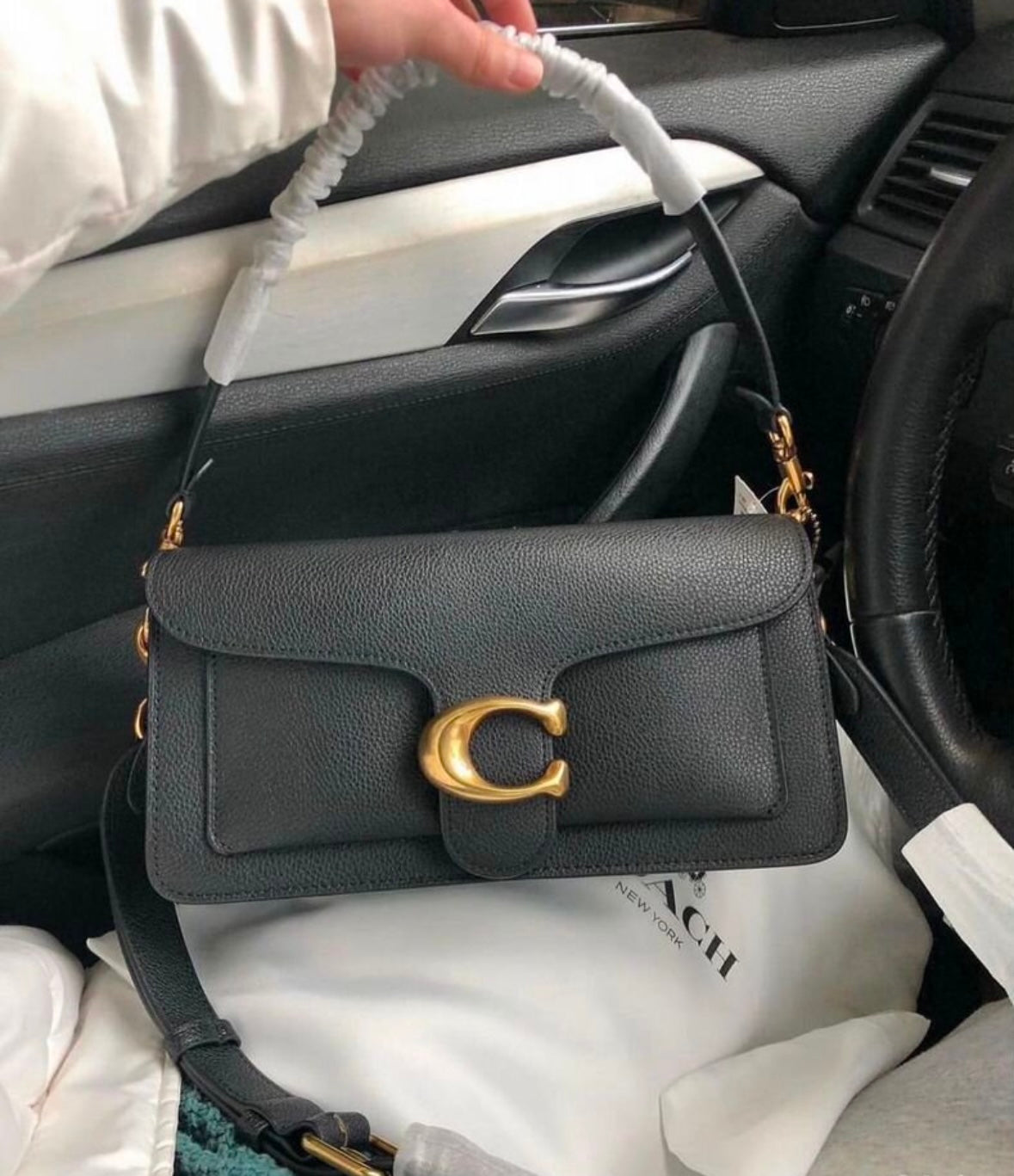 Heritage Structured Shoulder Bag in Deep Noir with Sculpted Gold Emblem