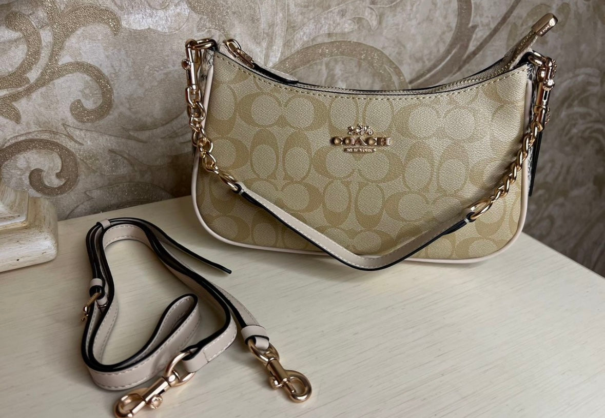 Heritage Mini Shoulder Bag in Soft Sand with Sculpted Gold Chain Contrast Textures