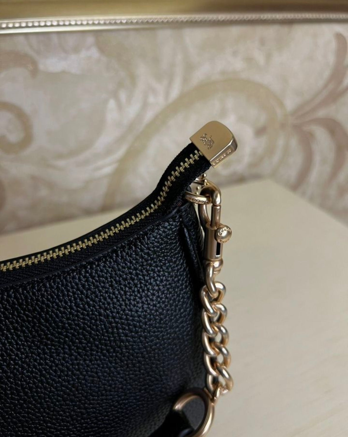 Heritage Mini Shoulder Bag in Midnight Black with Sculpted Gold Chain