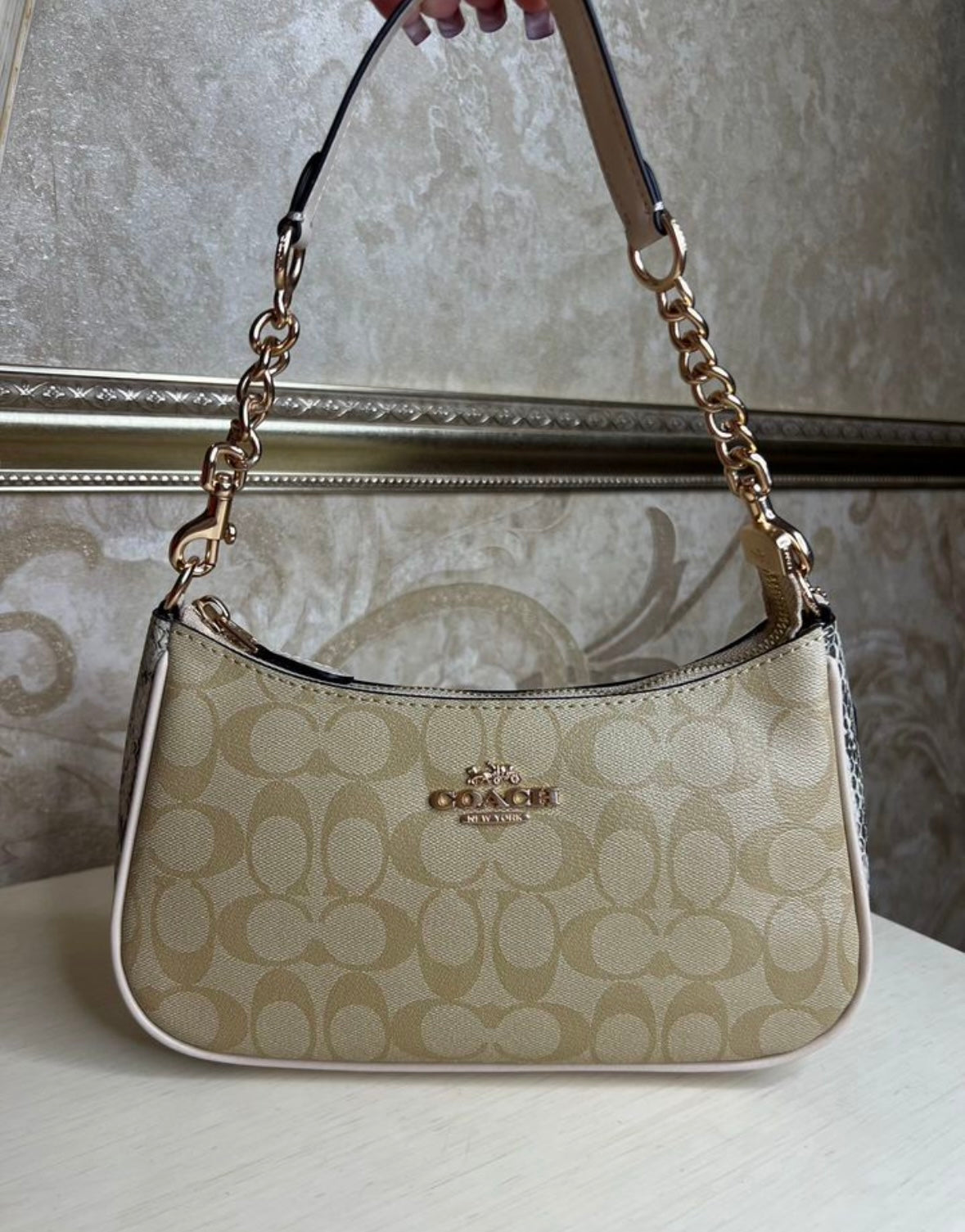 Heritage Mini Shoulder Bag in Soft Sand with Sculpted Gold Chain Contrast Textures
