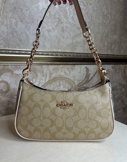 Heritage Mini Shoulder Bag in Soft Sand with Sculpted Gold Chain Contrast Textures