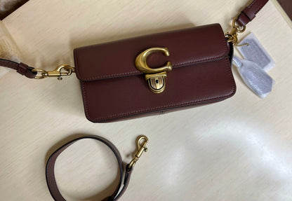 Heritage Compact Shoulder Bag in Classic Chestnut with Sculpted Gold Emblem
