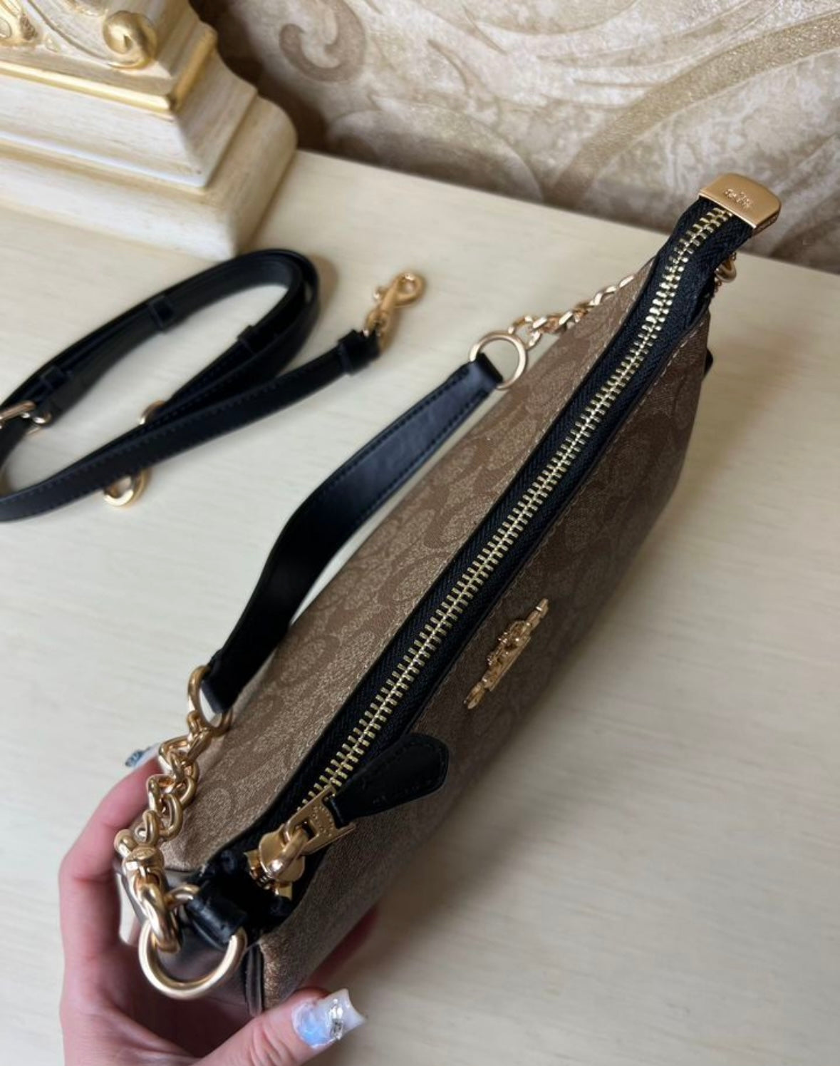 Heritage Mini Shoulder Bag in Classic Taupe with Sculpted Chain Handle