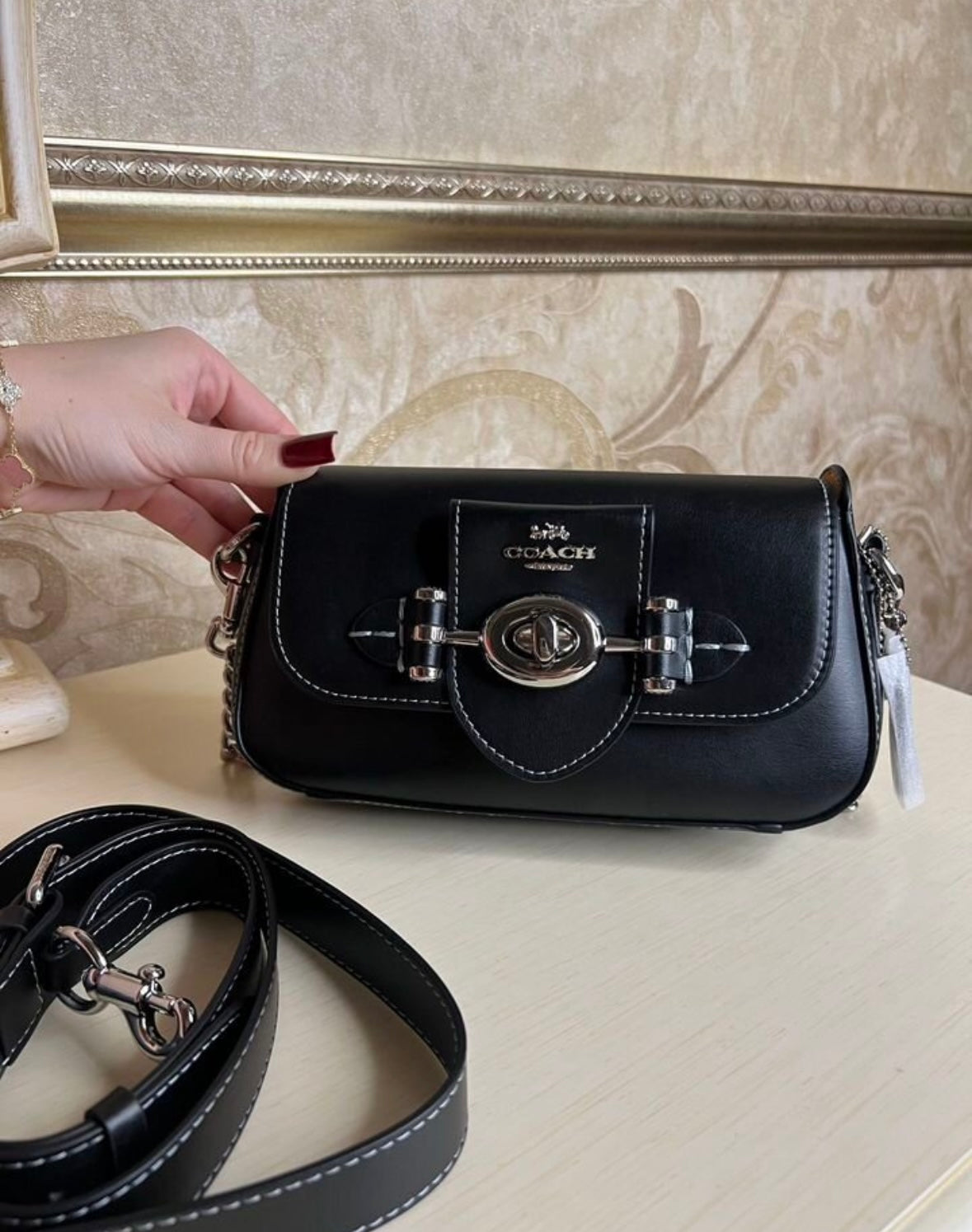 Heritage Mini Chain Shoulder Bag in Obsidian Black with Sculpted Buckle Detail