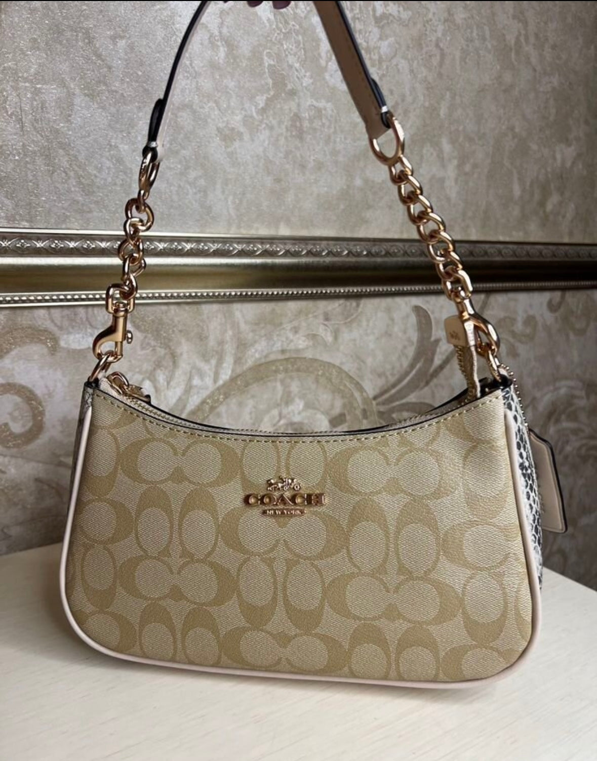 Heritage Mini Shoulder Bag in Soft Sand with Sculpted Gold Chain Contrast Textures