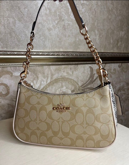 Heritage Mini Shoulder Bag in Soft Sand with Sculpted Gold Chain Contrast Textures