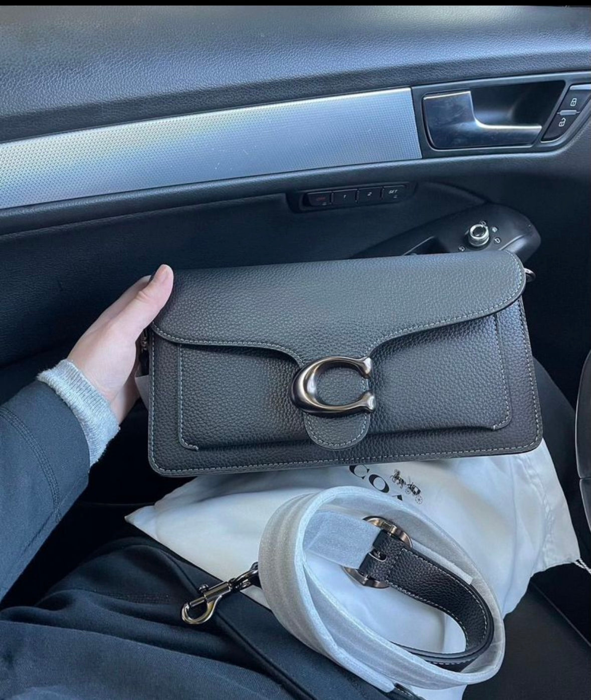 Heritage Compact Shoulder Bag in Charcoal Pebble with Sculpted Gunmetal Emblem
