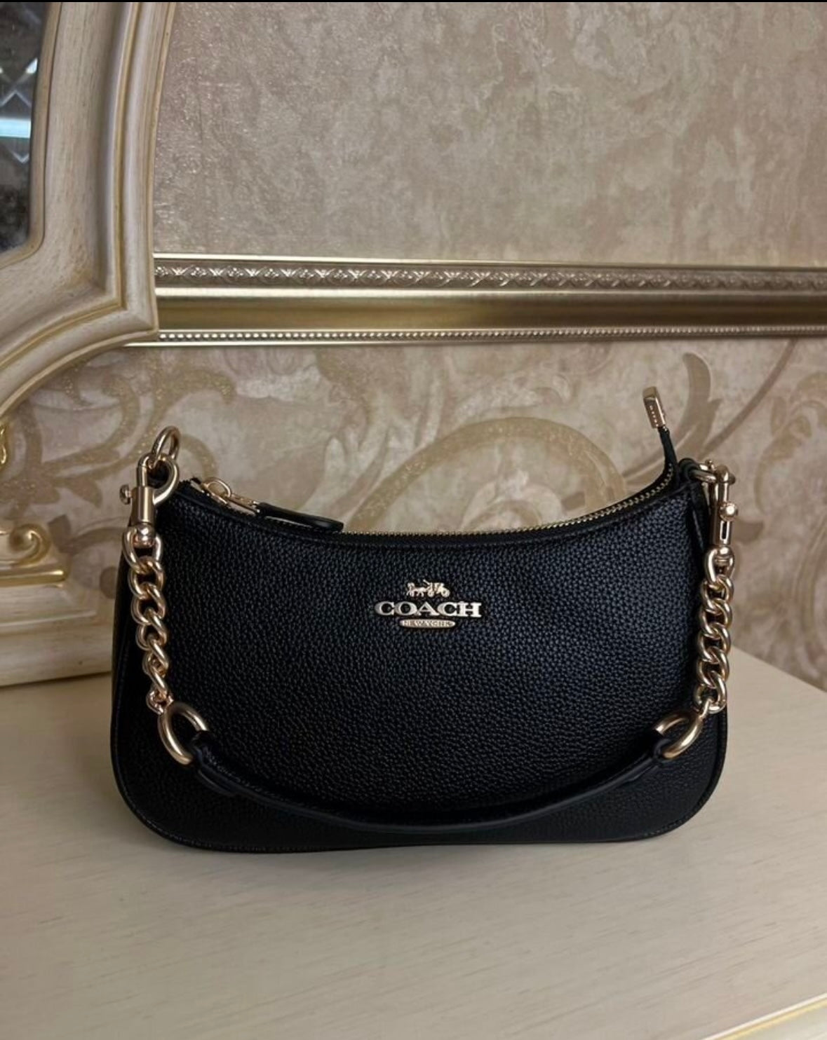 Heritage Mini Shoulder Bag in Midnight Black with Sculpted Gold Chain