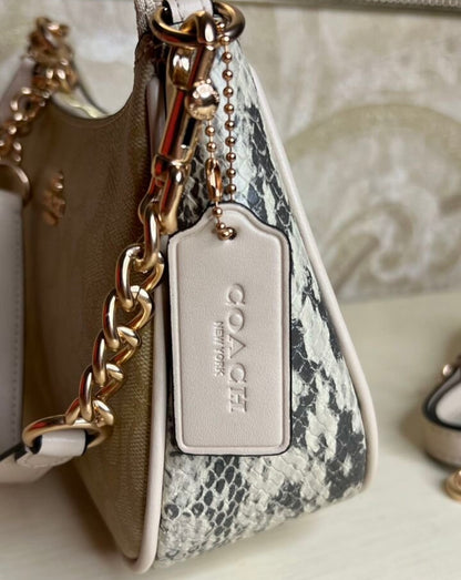 Heritage Mini Shoulder Bag in Soft Sand with Sculpted Gold Chain Contrast Textures
