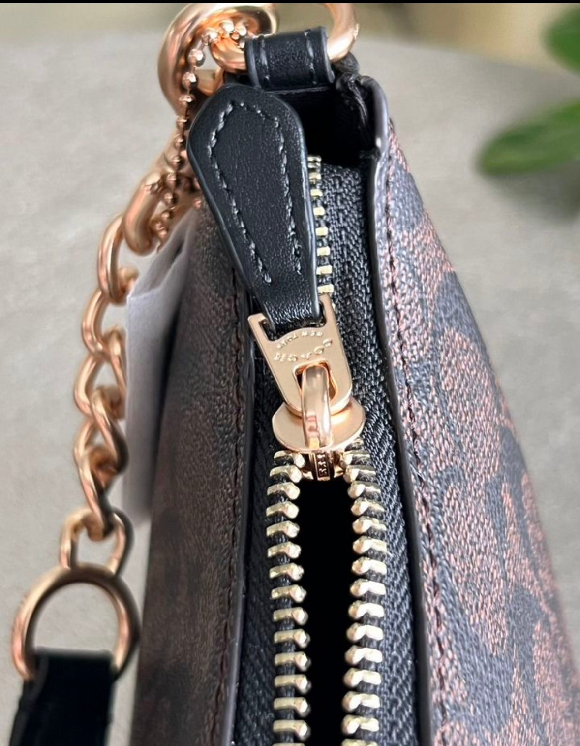 Teri — Elegant Grey Shoulder Bag with Signature Monogram Gold Chain Details