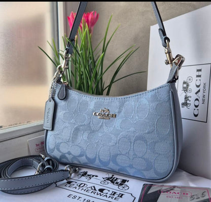 Teri Shoulder Bag — Soft Blue Leather with Gold Accents