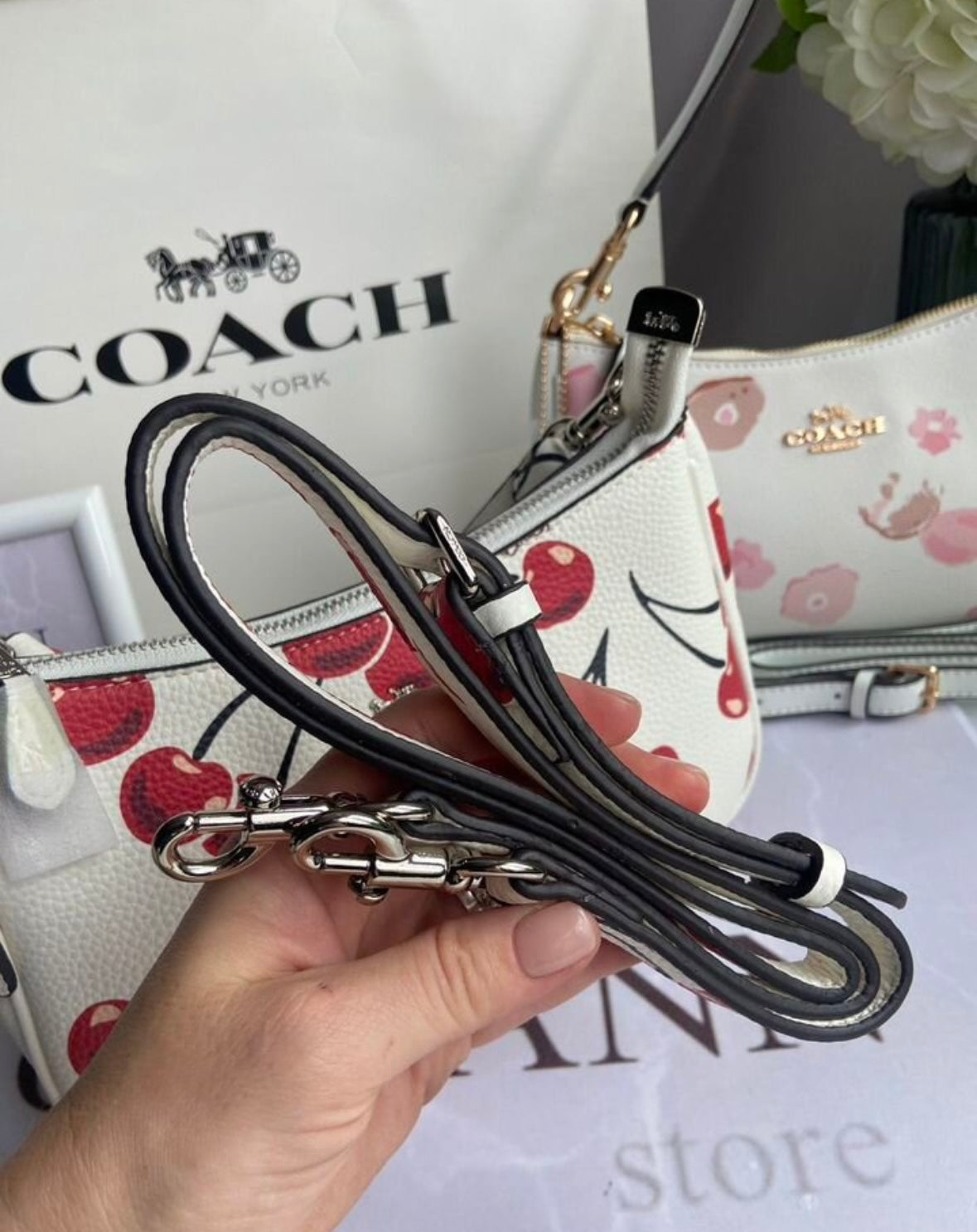 Teri Cherry White Shoulder Bag — Soft Signature Design with Playful Red Cherry Print