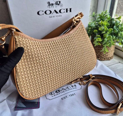 Teri Shoulder Bag — Woven Raffia with Leather Trim