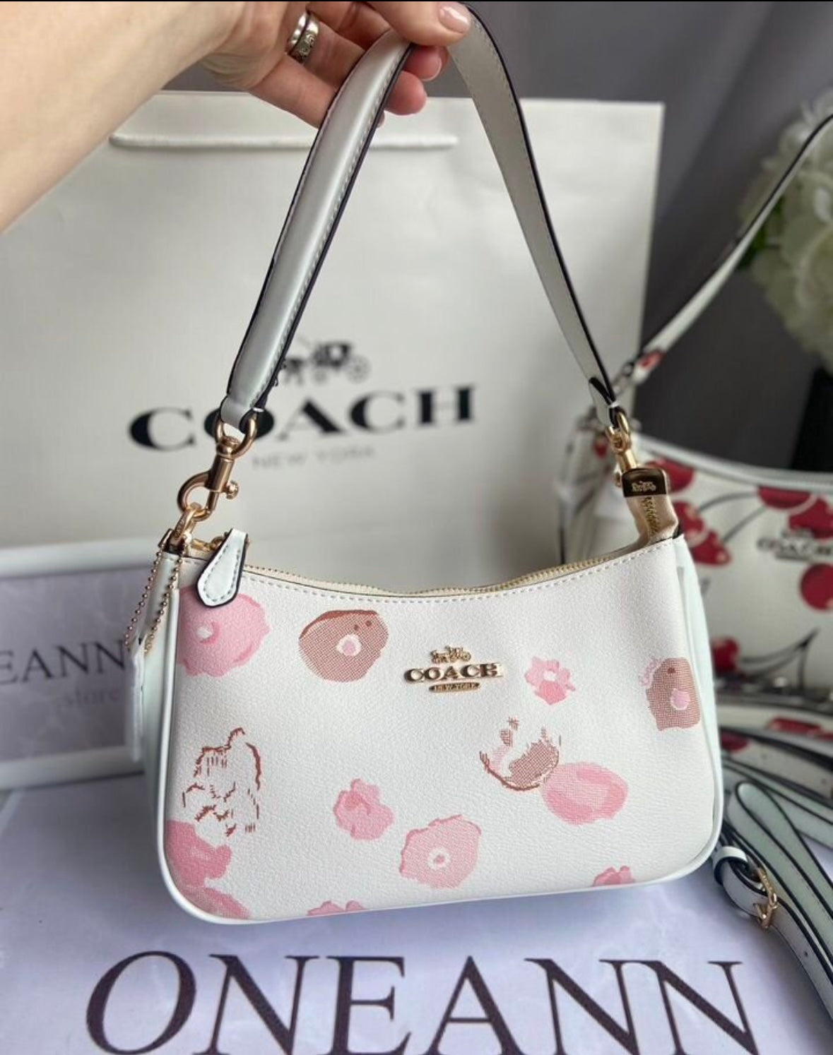 Teri Cherry White Shoulder Bag — Soft Signature Design with Playful Red Cherry Print