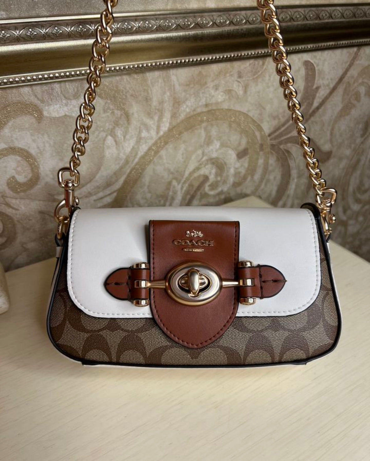 Heritage Mini Chain Shoulder Bag in Ivory  Chestnut with Sculpted Buckle Detail