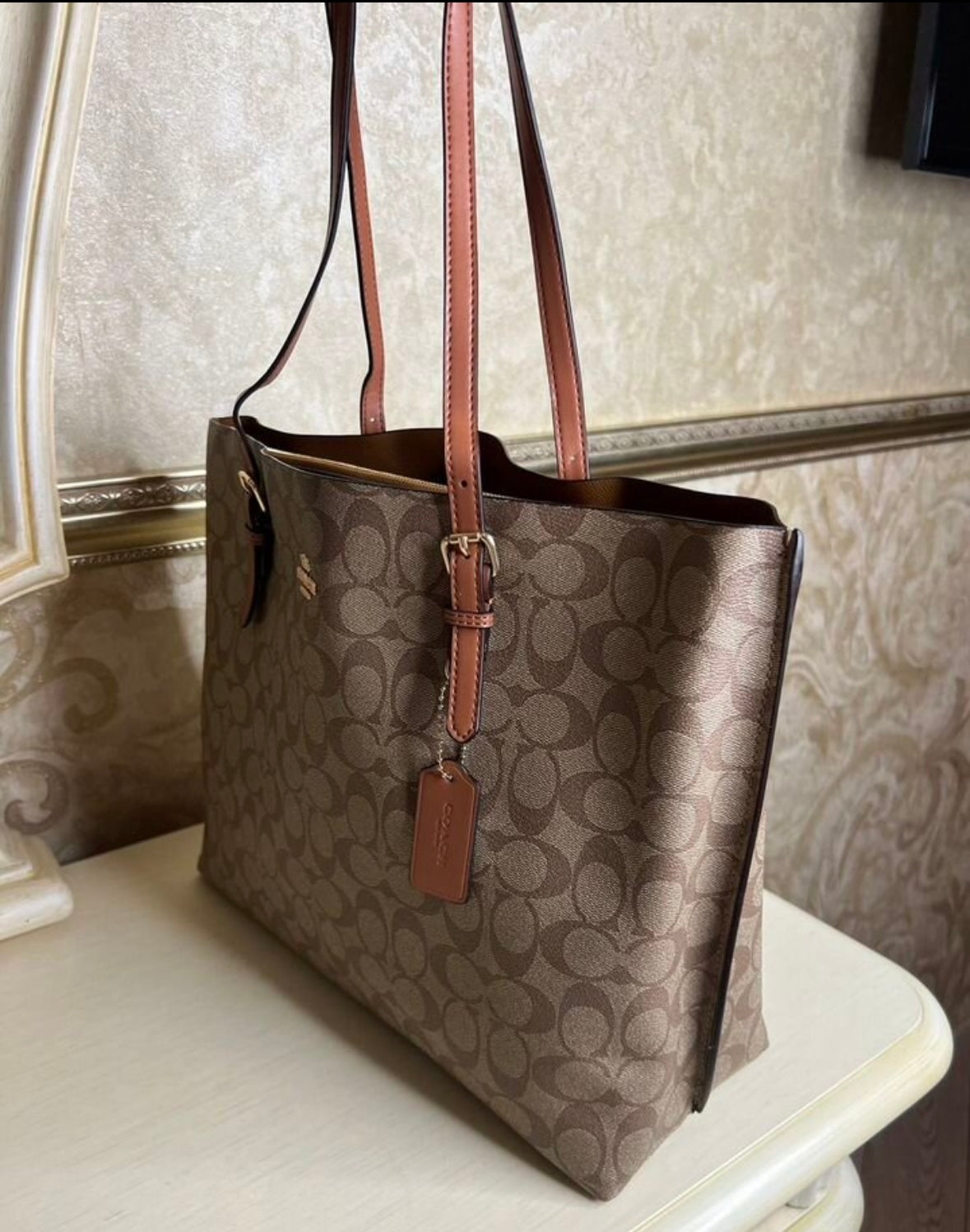 Heritage Tall Structured Tote in Warm Taupe Pattern with Refined Leather Straps