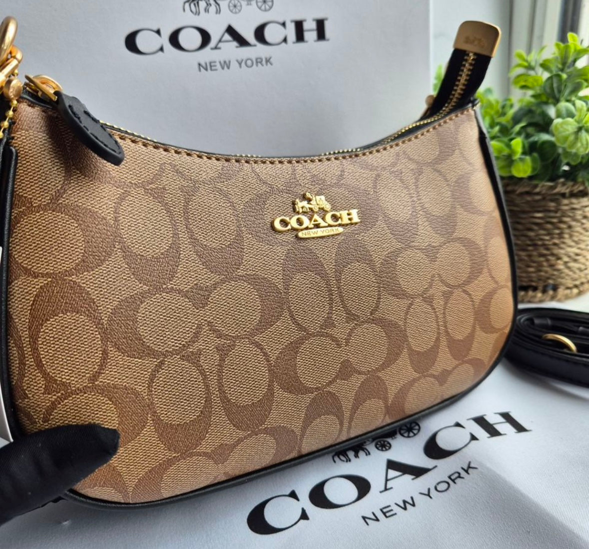 Teri Shoulder Bag — Elegant Signature Canvas in Tan with Gold Accents