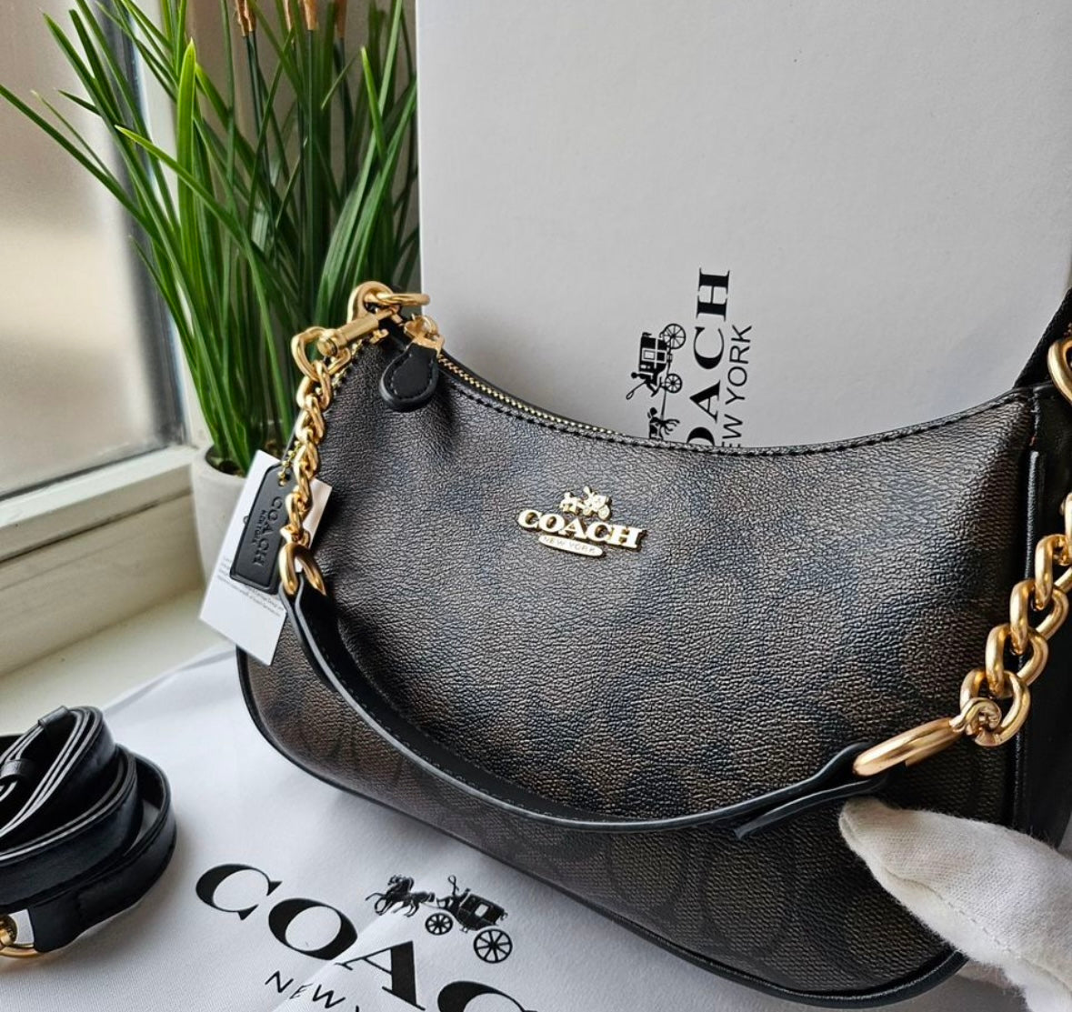 Teri Shoulder Bag — Signature Canvas with Black and Brown Accents