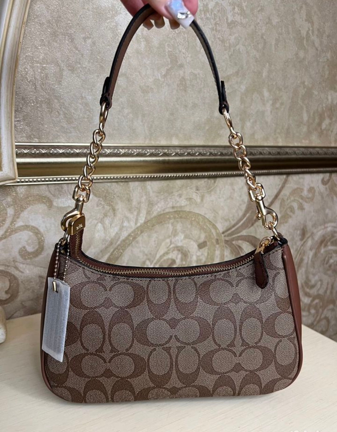 Heritage Mini Shoulder Bag in Classic Taupe with Sculpted Chain Handle