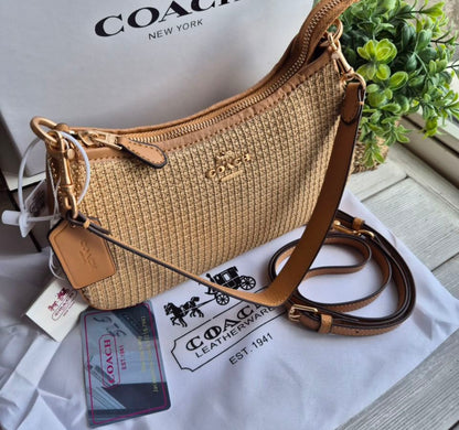 Teri Shoulder Bag — Woven Raffia with Leather Trim