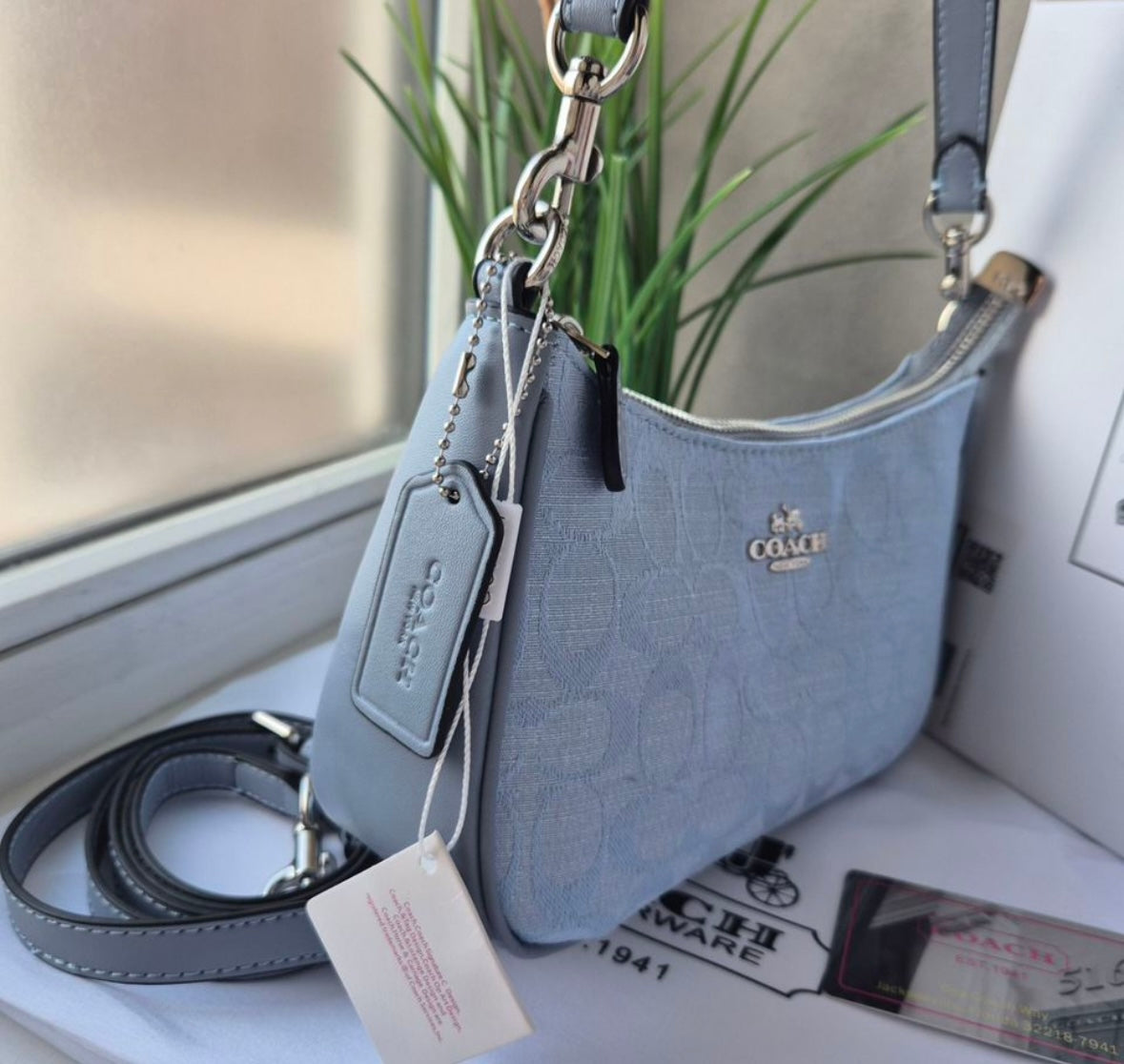 Teri Shoulder Bag — Soft Blue Leather with Gold Accents
