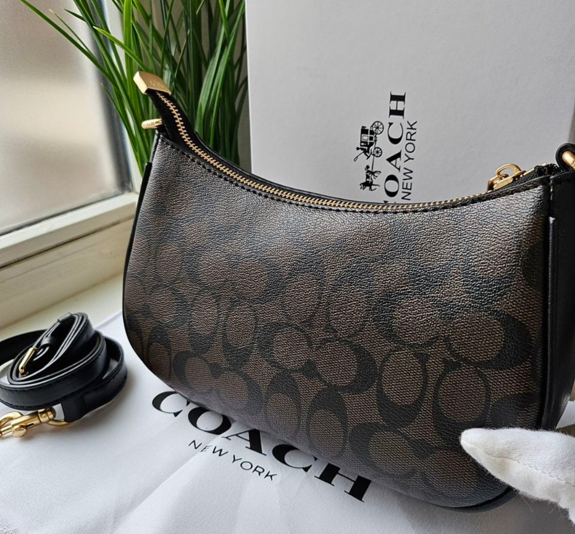 Teri Shoulder Bag — Signature Canvas with Black and Brown Accents