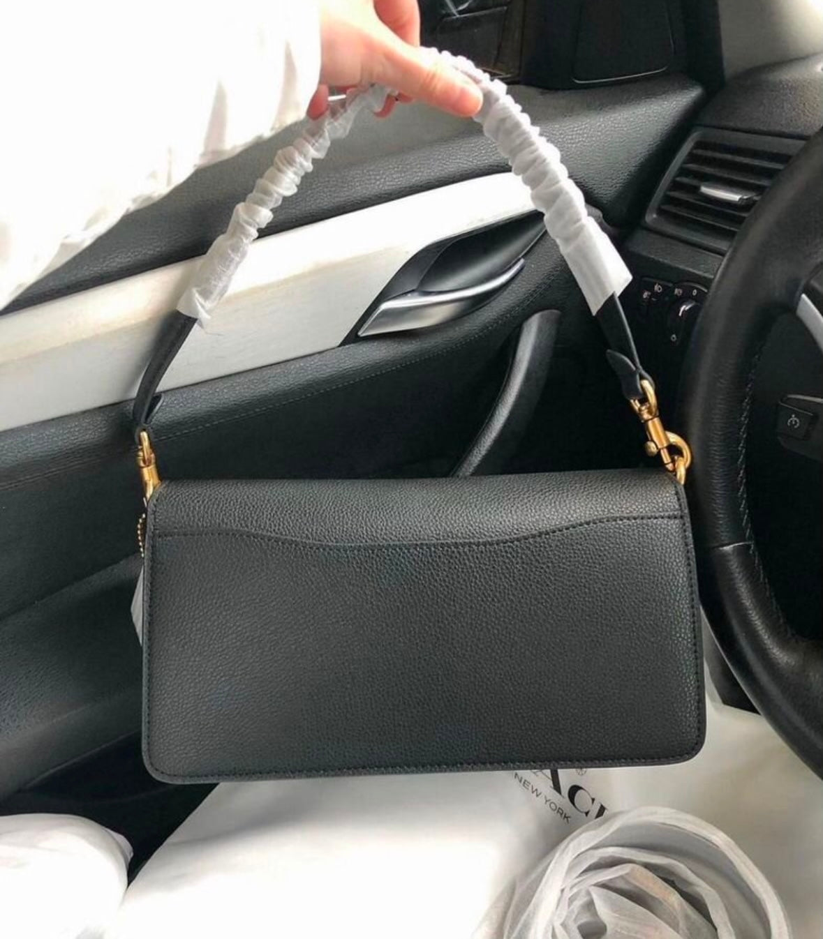 Heritage Structured Shoulder Bag in Deep Noir with Sculpted Gold Emblem