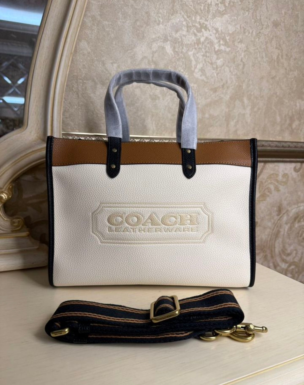 Heritage Structured Tote in Midnight Pebble with Sculpted Handle Crimson Lining