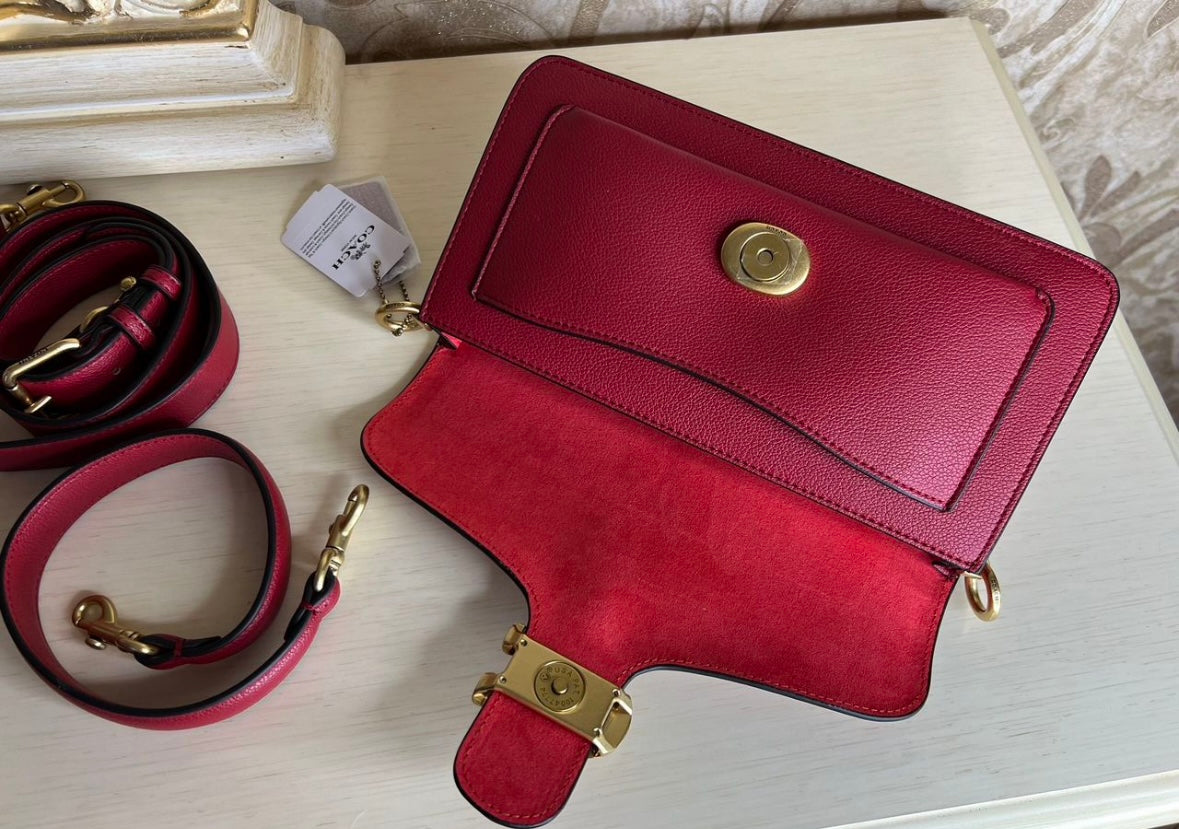 Heritage Compact Shoulder Bag in Deep Carmine with Sculpted Gold Emblem