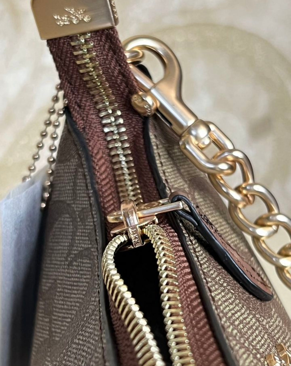 Heritage Mini Shoulder Bag in Classic Taupe with Sculpted Chain Handle