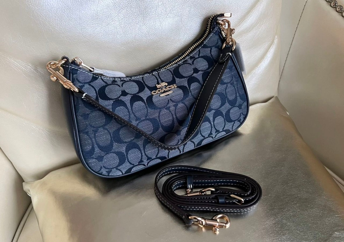 Teri — Soft Blue Signature Shoulder Bag with Gold Accents