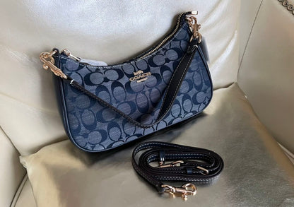 Teri — Soft Blue Signature Shoulder Bag with Gold Accents