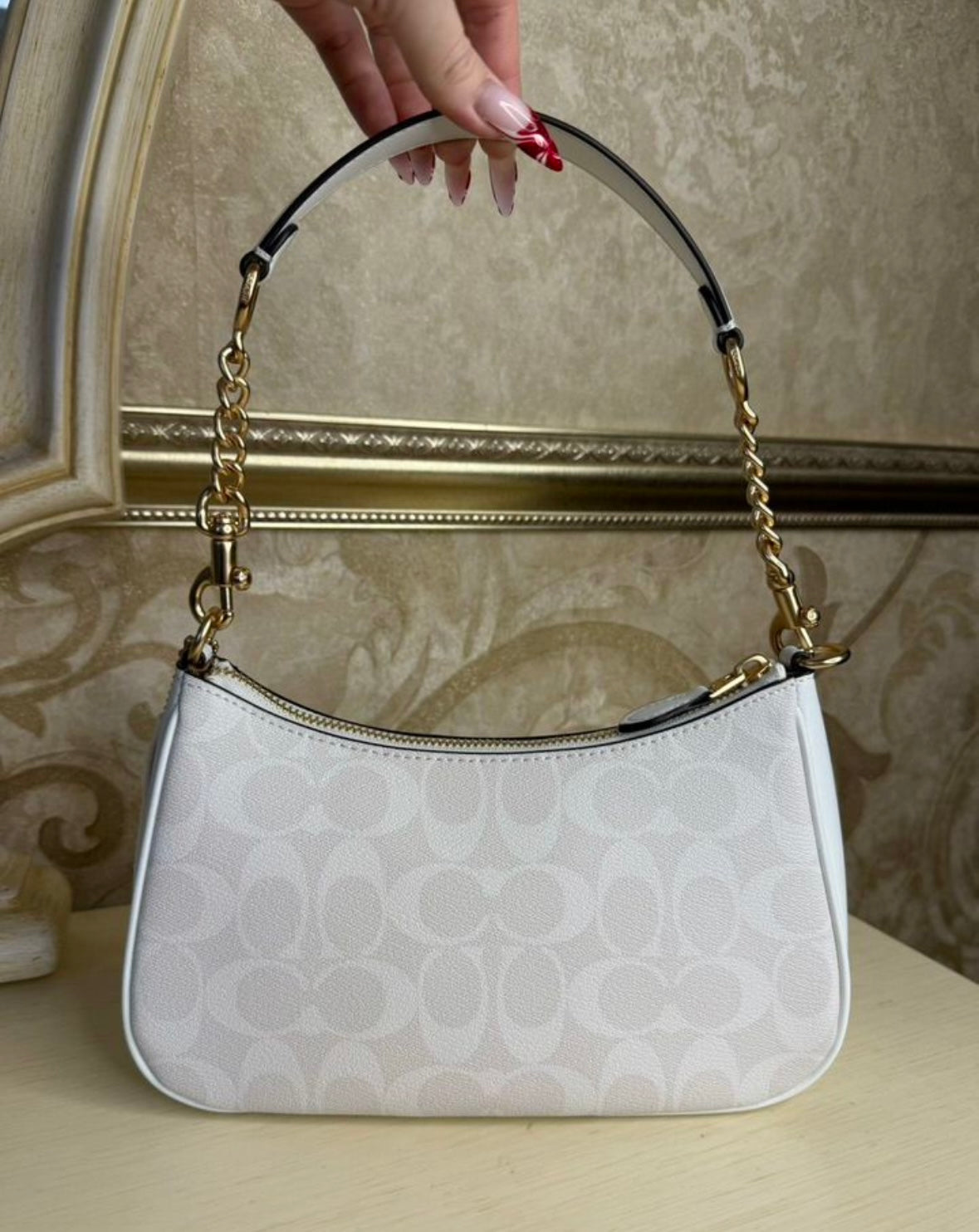 Heritage Mini Shoulder Bag in Frosted Ivory with Sculpted Gold-Tone Chain