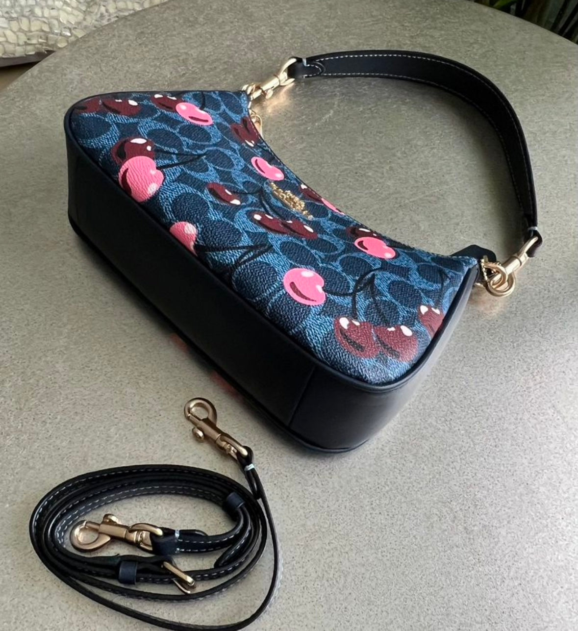 Teri Cherry Blue — Elegant Shoulder Bag with Playful Print  Gold Details